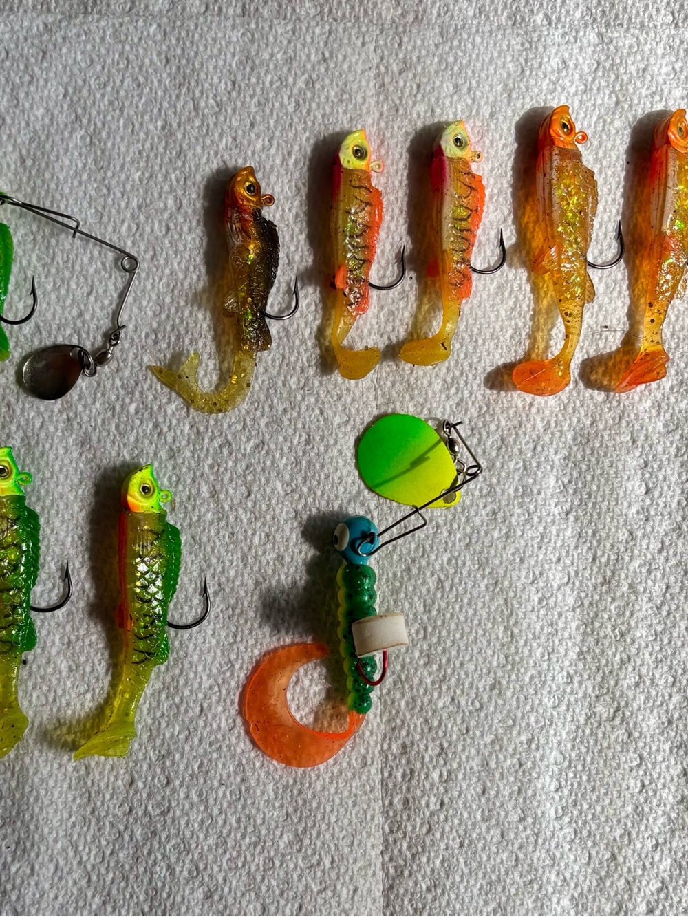Soft Plastic Fishing Lures - Green and Orange Tails (Pack)